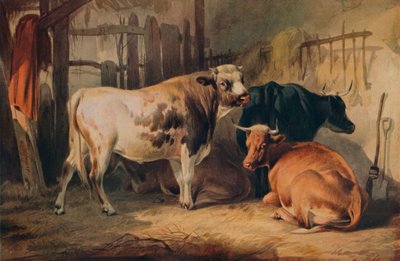 Byk i trzy krowy w stajni, ok. 1856 r. autorstwa Thomas Sidney Cooper