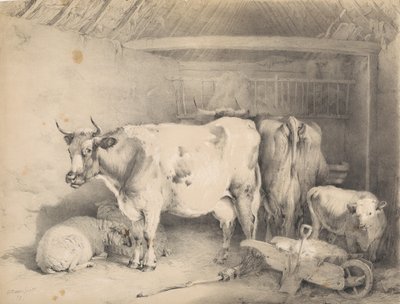 Owce i bydło w stodole autorstwa Thomas Sidney Cooper