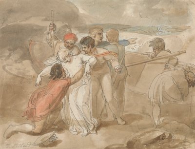 Kobieta uratowana z morza i pomocna na lądzie, łódź wiosłowa i ratownicy w tle autorstwa Thomas Stothard