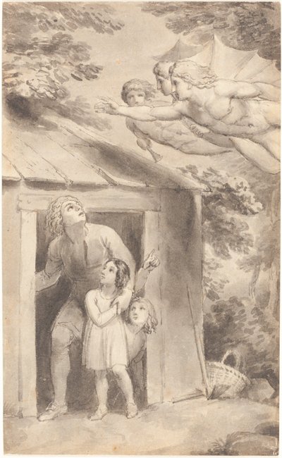 Piotra i jego dzieci odwiedzają trzy latające postacie autorstwa Thomas Stothard