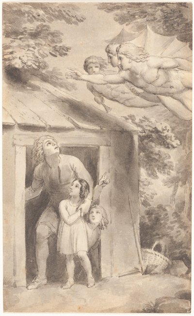 Piotr i jego dzieci odwiedzeni przez trzy latające postacie autorstwa Thomas Stothard
