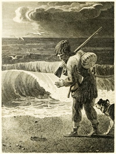 Robinson Crusoe odkrywa odcisk ludzkiej stopy? z książki Daniela Defoe "Życie i dziwne, zaskakujące przygody Robinsona Crusoe, czyli Yorka, marynarza". autorstwa Thomas Stothard