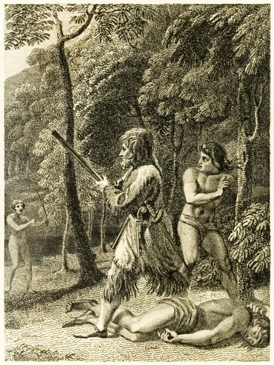 Robinson Crusoe po raz pierwszy widzi i ratuje swojego człowieka Piętaszka? z książki Daniela Defoe "Życie i dziwne, zaskakujące przygody Robinsona Crusoe, czyli Yorka, marynarza". autorstwa Thomas Stothard