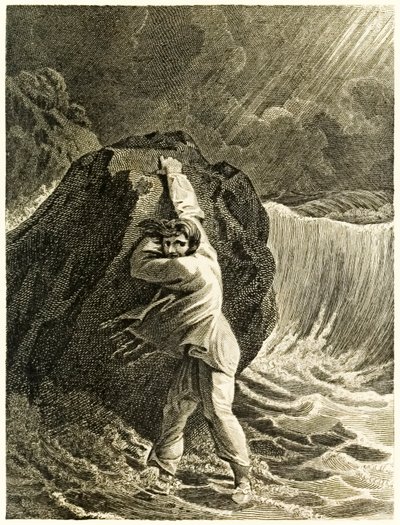 ?Robinson Crusoe rozbił się i przylgnął do skały? z filmu „Życie i dziwne zaskakujące przygody Robinsona Crusoe” czy „York, Mariner”? autor: Daniel Defoe autorstwa Thomas Stothard