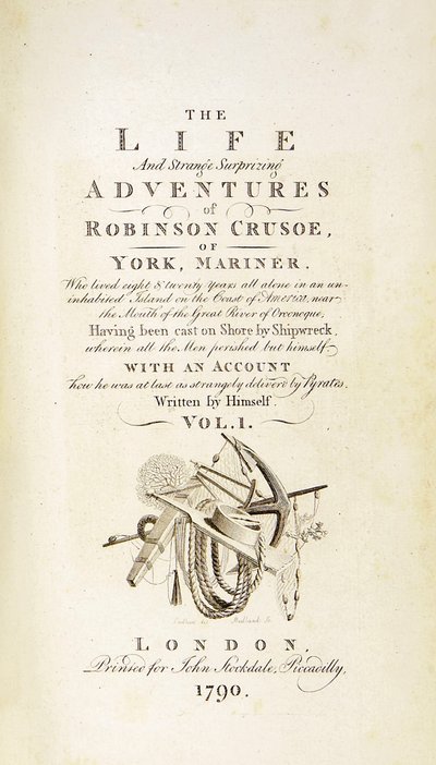 Strona tytułowa „Robinson Crusoe” z filmu „Życie i dziwne zaskakujące przygody Robinsona Crusoe, czyli York, Mariner” Daniela Defoe autorstwa Thomas Stothard