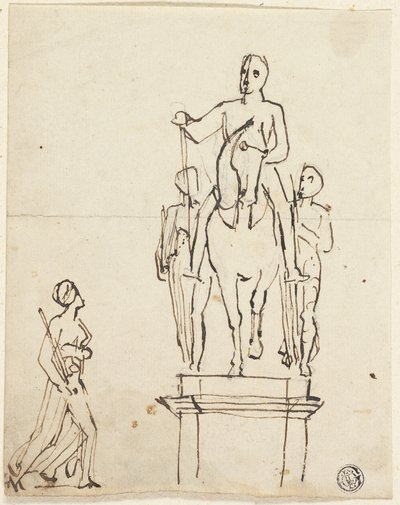 Rzeźba jeźdźca w towarzystwie dwóch stojących postaci, ze szkicem jednej z ostatnich autorstwa Thomas Stothard