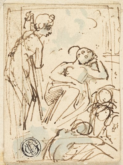 Szkic mężczyzny opartego na kiju, patrzącego na śpiącą kobietę autorstwa Thomas Stothard