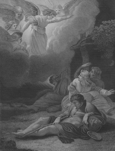 Aniołowie ukazujący się pasterzom, św Łukasza 2, wers 8-21 autorstwa Thomas Stothard