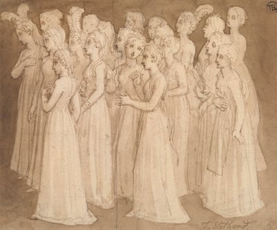Dwadzieścia młodych dziewcząt w grupie idącej w lewo autorstwa Thomas Stothard