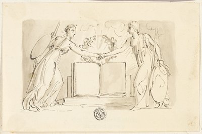 Dwie alegoryczne postacie kobiece trzymające się za ręce przed książką autorstwa Thomas Stothard