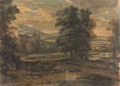 Krajobraz z górami, zamkiem, drzewami i jeziorem autorstwa Thomas Sully