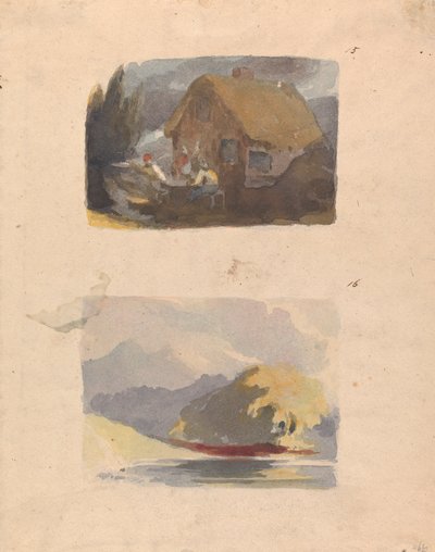 Dwa rysunki na jednej kartce: Chałupa z postaciami z przodu (nr 15); Krajobraz z rzeką i górami - Słońce (nr 16) autorstwa Thomas Sully