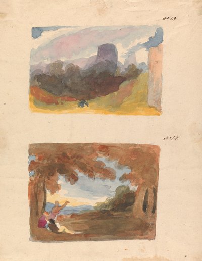 Dwa rysunki na jednej kartce: Pejzaż z zamkiem - maniera współczesna (nr 13); Pejzaż z postaciami na pierwszym planie (nr 14) autorstwa Thomas Sully