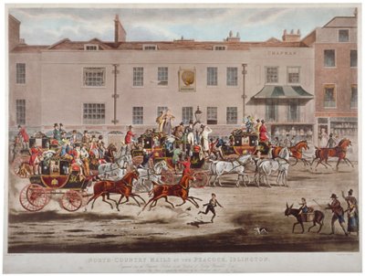 Wagony pocztowe przed Peacock Inn na Islington High Street, Londyn, 1823. autorstwa Thomas Sutherland