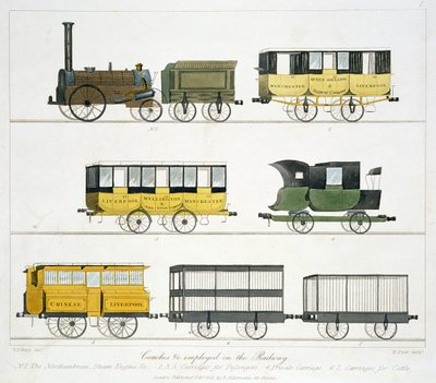 Autokary na kolei, tablica 7 z „Liverpool and Manchester Railway”, ryt. Henry Pyall (1795-1833), wyd. przez R. Ackermanna, 1831 autorstwa Thomas Talbot Bury