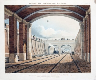 Widok z mostu Under the Hampstead Road, w kierunku stacji na Euston Square, 1837 (ręcznie kolorowy grawerunek) autorstwa Thomas Talbot Bury