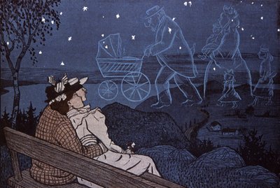 Para na otwartej przestrzeni, patrząca na swoją przyszłość w gwiazdach: dzieci, rodzina. Ilustracja autorstwa Th.Th. Heine w: Simplicissimus, Niemcy autorstwa Thomas Theodor Heine