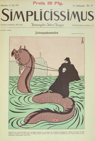 Kaiser cavalga a Serpente do Mar para a Inglaterra, capa Ilustração de Simplicissimus Polish autorstwa Thomas Theodor Heine
