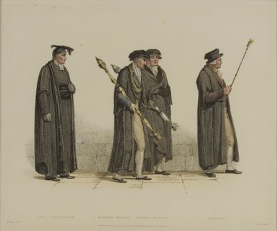 Wicekanclerz, Esquire Beadle, Yeoman Beadle, Verger, rycina J. Agar, opublikowana w „History of Oxford” R. Ackermanna, 1813 (rycina ręcznie kolorowana) autorstwa Thomas Uwins
