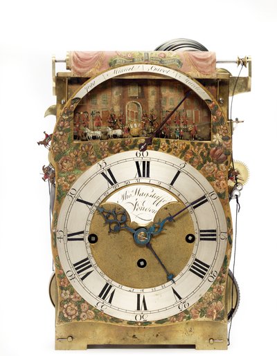 Fragment zielonego i złoconego japońskiego zegara stołowego z automatem muzycznym Jerzego III, przedstawiającego Paradę Lorda Burmistrza, ok. 1780 (drewno, mosiądz i lakier) (patrz także 491785-7) autorstwa Thomas Wagstaff or Wagstaffe