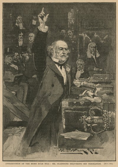 Wprowadzenie ustawy o zasadach panujących w domu — pan Gladstone wygłasza swoje przemówienie autorstwa Thomas Walter Wilson