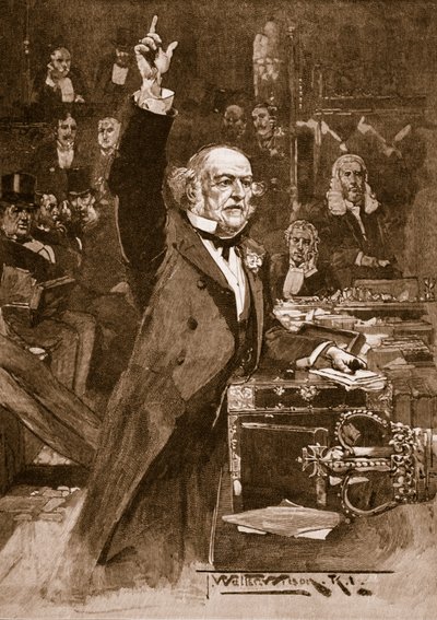 Wprowadzenie ustawy o zasadach panujących w domu: Pan Gladstone wygłasza swoje przemówienie, 1886, ilustracja z „Ilustrowanej historii Anglii Cassella” (zdjęcie w sepii) autorstwa Thomas Walter Wilson