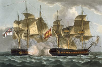 Zdobycie Mahonesy, 13 października 1796, grawerowane przez Thomasa Sutherlanda dla J. Jenkinsa „Naval Achievements”, 1816 (kolorowy grawerunek) autorstwa Thomas Whitcombe
