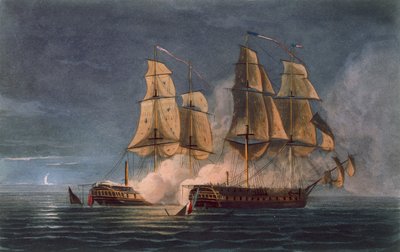 Zdobycie Thetis przez HMS Amethyst, 10 listopada 1808 r., grawerowane przez T. Sutherlanda dla „The Naval Chronology of Great Britain” J. Ralfe, opublikowanej w 1820 r. autorstwa Thomas Whitcombe