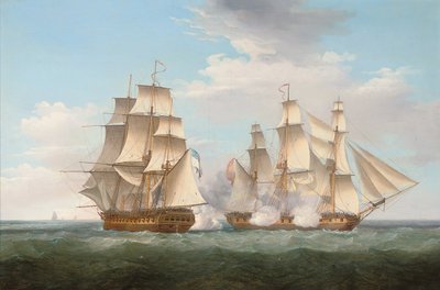 H.M.S. Etalion w akcji z hiszpańską fregatą Thetis u wybrzeży Cape Finisterre, 16 października 1799, 1800 autorstwa Thomas Whitcombe