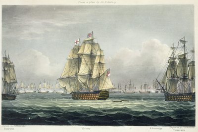 HMS Victory płynący do francuskiej linii flankowanej przez Euryalus i HMS Temeraire w bitwie pod Trafalgarem, 21 października 1805 r., grawerowany przez T. Sutherlanda dla „The Naval Chronology of Great Britain” autorstwa Thomas Whitcombe