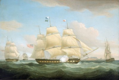 Statki handlowe Kompanii Wschodnioindyjskiej "Minerva", "Scaleby Castle" i "Charles Grant" u wybrzeży Kapsztadu (Cape Town) w RPA, z Górą Stołową widoczną na horyzoncie. autorstwa Thomas Whitcombe