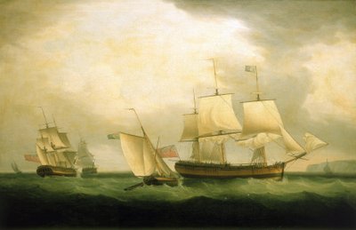 Kuter "Mary Ann", zwodowany w 1795 r., oraz HMS "Sylph", który należał do floty Horatio Nelsona (1758-1805) w 1805 r., a następnie służył w Guernsey (Anglia), skąd przeprowadzał naloty na francuskie wybrzeże. autorstwa Thomas Whitcombe