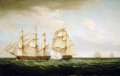 Manewry bojowe brytyjskiego okrętu "Pearl" (w środku) przeciwko hiszpańskiemu okrętowi "Santa Monica" (po lewej), u wybrzeży Azorów (portugalskie wyspy na Oceanie Atlantyckim), 14 września. autorstwa Thomas Whitcombe