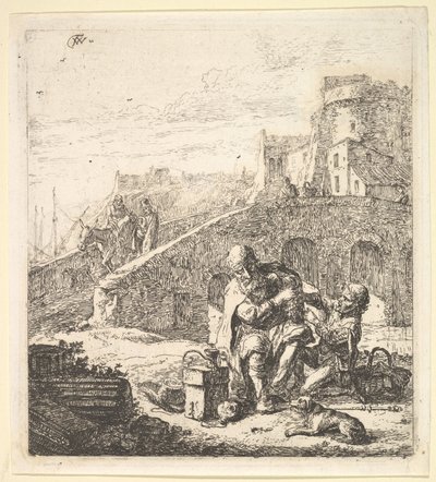 Lazarillo kradnący winogrona biednemu niewidomemu żebrakowi, XVII wiek. autorstwa Thomas Wijck