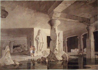 Część Świątyni Elephanta, tablica VIII z "Oriental Scenery", opublikowana w 1800 r. (akwatinta barwna) autorstwa Thomas und William Daniell