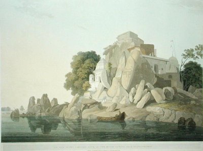 POŁUDNIOWY ZACHÓD. Widok Fakeers Rock w rzece Ganges w pobliżu Sultaungunge, płyta 61 z „Oriental Scenery: Twenty Four Views in Hindoostan”, wydanej 1800 (kolor lito) autorstwa Thomas und William Daniell