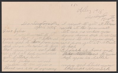 List Thomasa Womack do Julii Womack z kopertą, 7 kwietnia 1915 r. autorstwa Thomas Womack