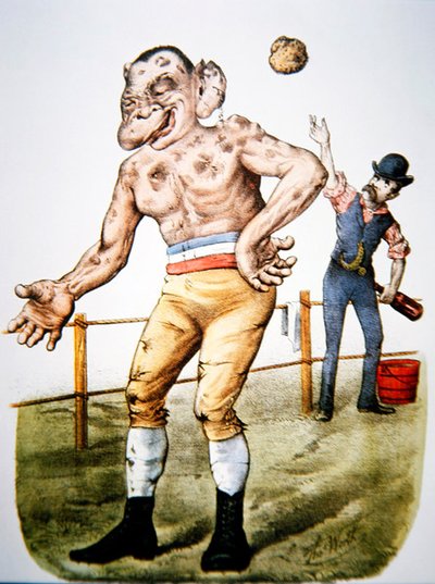„The Loser” lub „Throwing in the sponge”, rysunek przedstawiający walkę o nagrody, opublikowany przez Currier & Ives w 1883 r. (kolor lito) autorstwa Thomas Worth