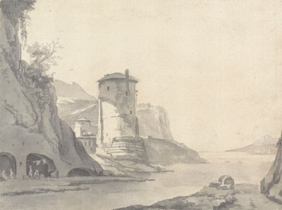 Wioska w Rocky Coastal Inlet (włoska?) z Round Tower na lewym brzegu autorstwa Thomas Wyck