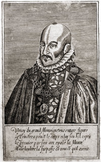 Portret Michela de Montaigne (1533-1592), francuskiego pisarza. Grawerowanie autorstwa Thomasa de Leu. (1560-1612). autorstwa Thomas de Leu