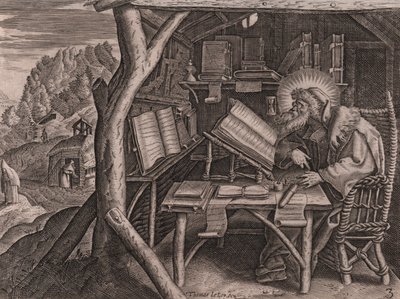 Święty Ewagriusz Pontycus zanurzony w swoich studiach, akwaforta i rytowanie Thomasa de Lieu (1560-1612) autorstwa Thomas de Leu