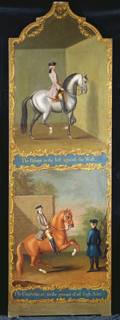 Przejście na lewo od ściany" (u góry) i "Courvette etc, tis the Ground of all High Airs" (u dołu), ok. 1750 r. autorstwa Thomas, of Pall Mall Butler