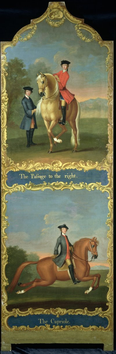 „Przejście w prawo” (na górze) i „Capriole” (na dole), ok. 1750 autorstwa Thomas, of Pall Mall Butler
