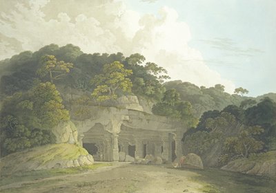 Wejście do jaskini Elephanta, tablica 58 z "Oriental Scenery: Dwadzieścia cztery widoki w Hindoostan", opublikowane 1800 autorstwa Thomas und William Daniell