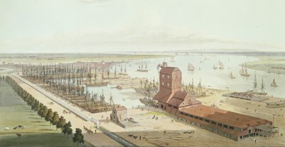 The Mast House i Brunswick Dock w Blackwell, 1803 (akwatinta) autorstwa Thomas und William Daniell
