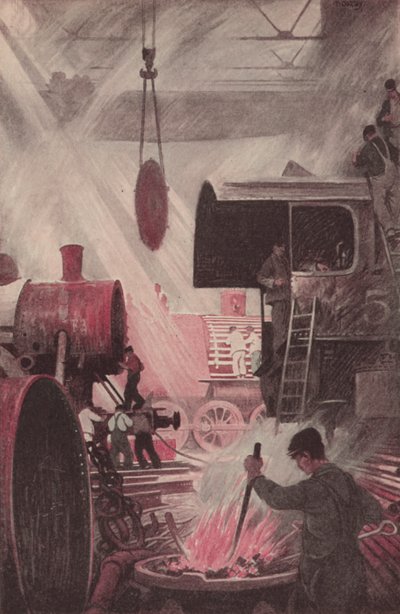 Budowanie lokomotywy (kolorowa litografia) autorstwa Thornton Oakley