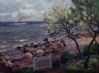 Pejzaż letni z bramą ogrodową i kobietą (olej na płótnie) autorstwa Thorolf Holmboe