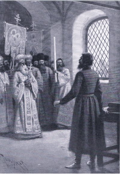 Borys Godunow na emeryturze w klasztorze błagał o przyjęcie swojego wyboru na cara, ilustracja z Zabytki w historii Europy opublikowanej przez Gresham Publishing Co, c.1920 (lito) autorstwa Thure de Thulstrup
