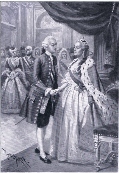 Spotkanie Katarzyny II z Rosji i Józefa II z Austrii, ilustracja z Zabytki w historii Europy wydanej przez Gresham Publishing Co, c.1920 (lito) autorstwa Thure de Thulstrup