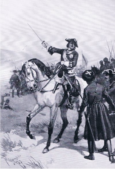 Piotr Wielki w bitwie pod Pułtową, ilustracja z książki Zabytki w historii Europy wydanej przez Gresham Publishing Co, c.1920 (lito) autorstwa Thure de Thulstrup